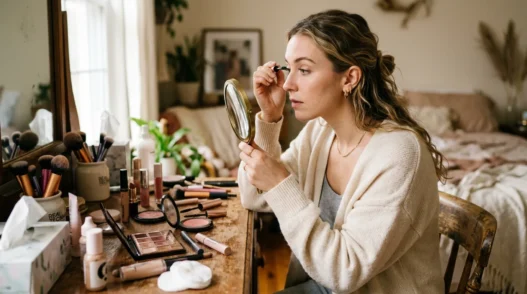 Woman applying makeup at white vanity with scattered beauty products in soft morning light