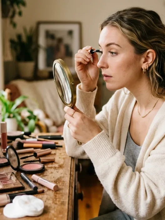 Woman applying makeup at white vanity with scattered beauty products in soft morning light