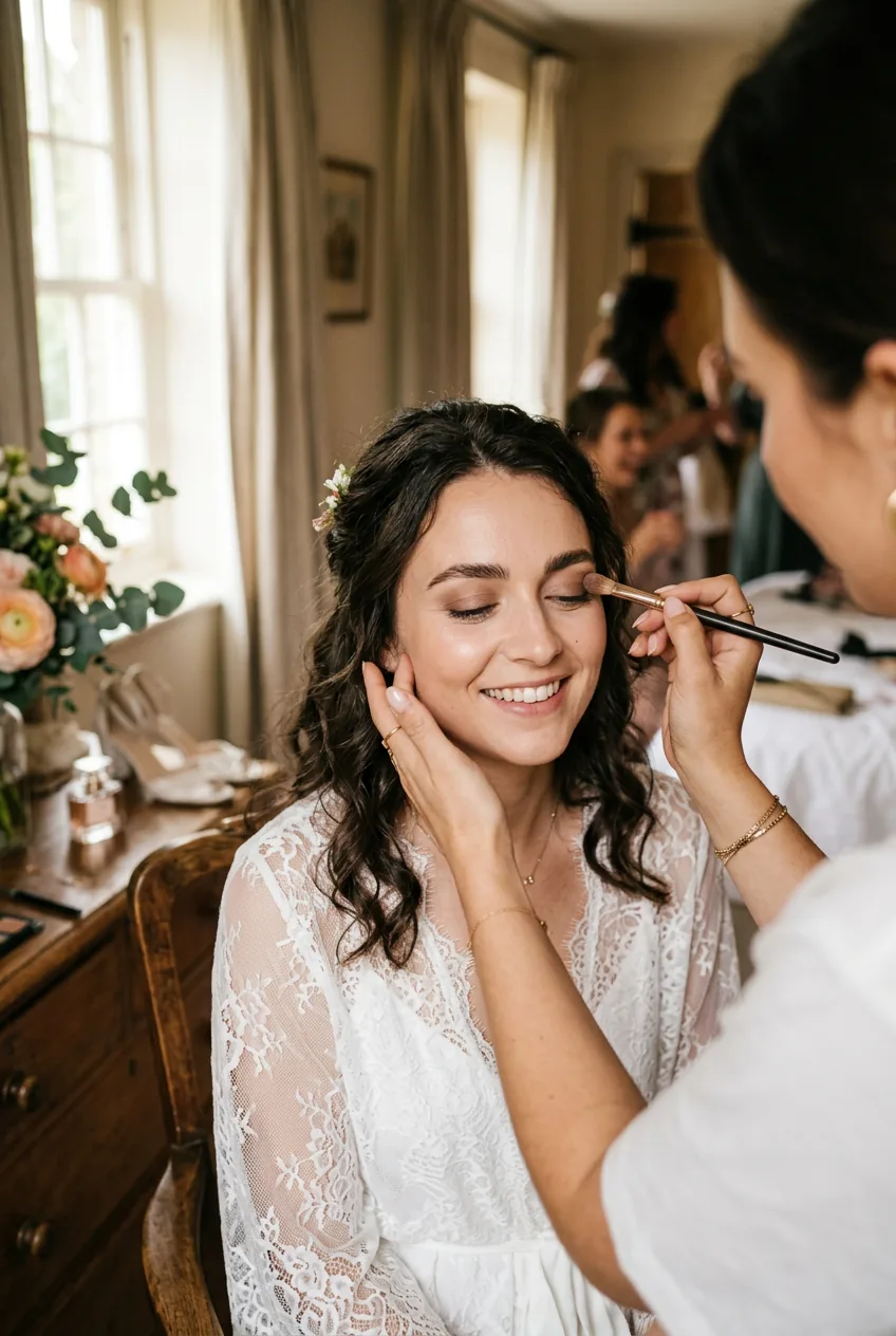 Woman receiving soft brown eyeshadow application showing natural eyebrow technique