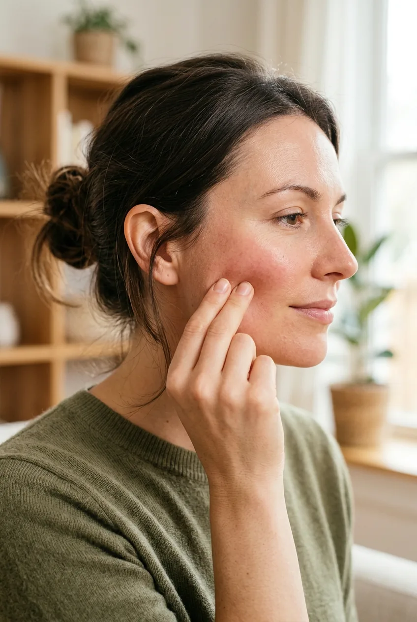 Woman gently pinching cheeks to bring natural circulation in close-up profile showing glow