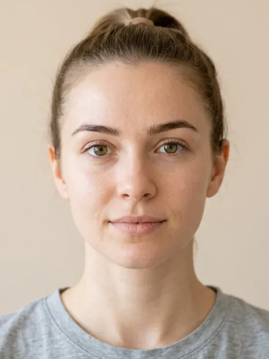 Woman's natural makeup-free face showing clean skin before clown makeup transformation begins