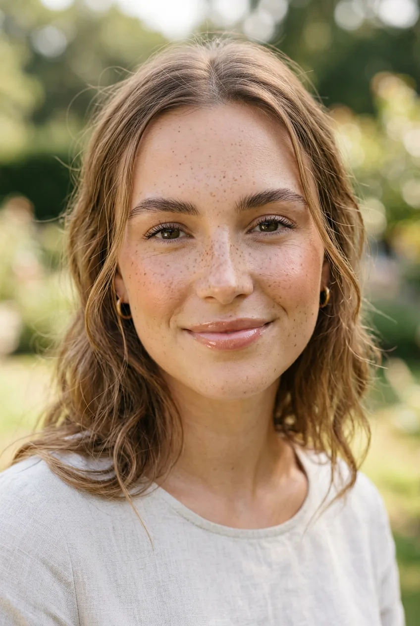 Woman with natural-looking fake freckles across nose and cheeks