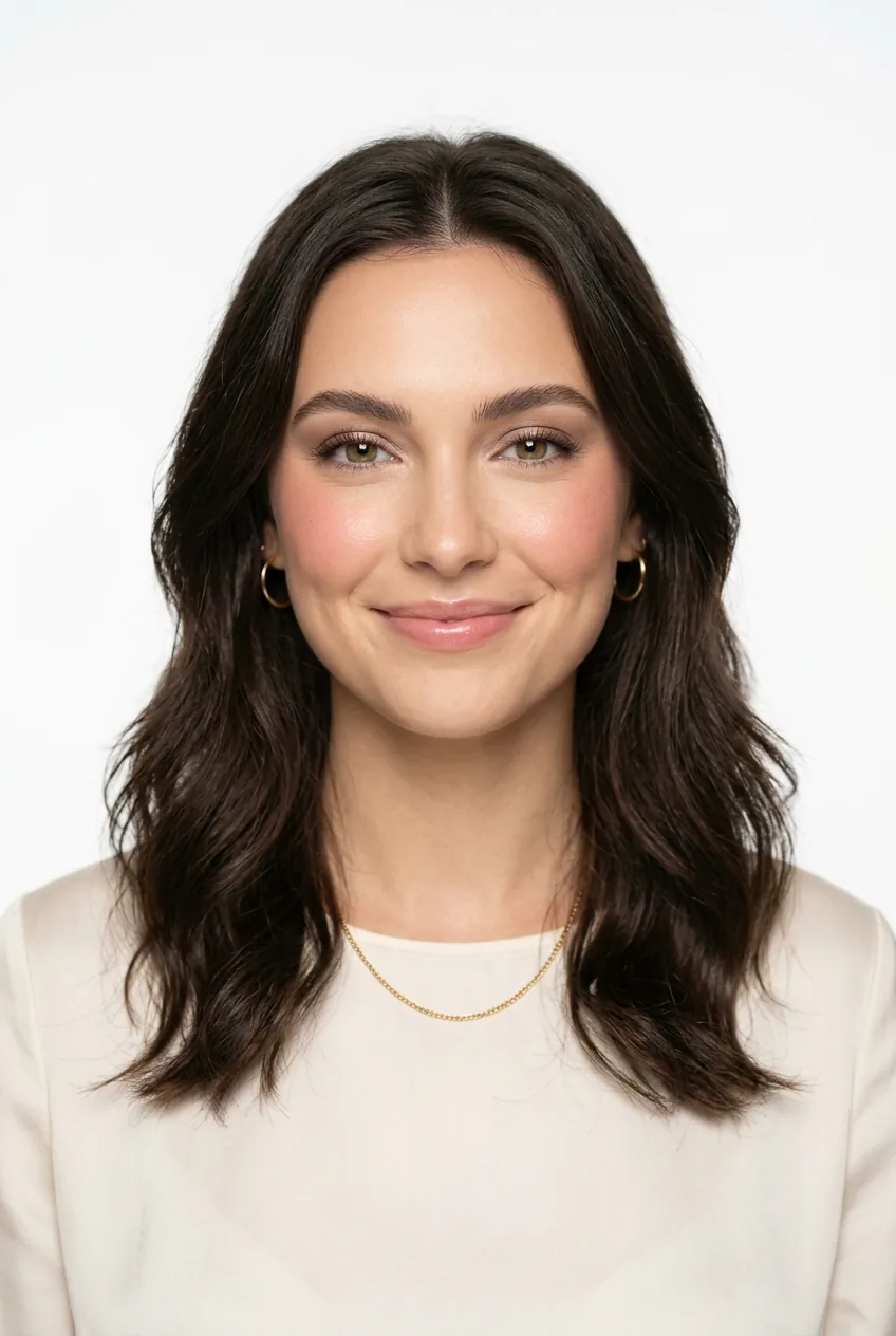 Woman showcasing natural glowing makeup with enhanced skin tone and subtle cream blush placement