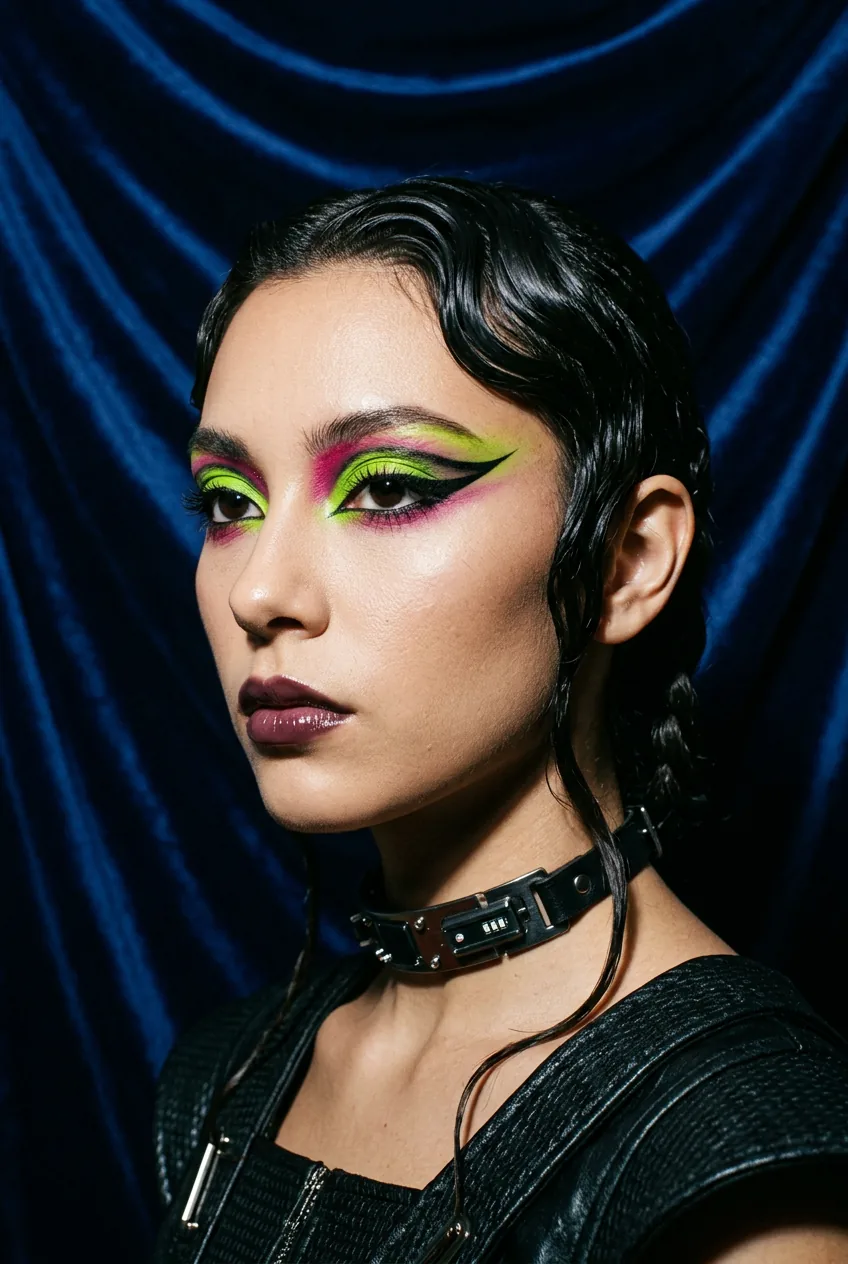 Woman with neon lime green and hot pink editorial eyeshadow and thick black liner extension