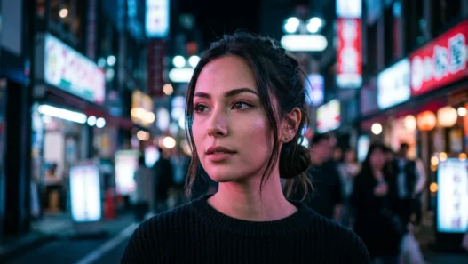 Woman with dramatic alternative makeup featuring dark eyes and pale skin in colorful neon street lighting
