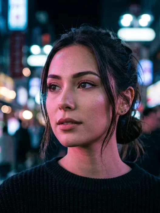 Woman with dramatic alternative makeup featuring dark eyes and pale skin in colorful neon street lighting