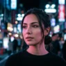 Woman with dramatic alternative makeup featuring dark eyes and pale skin in colorful neon street lighting