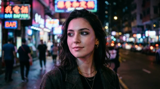 Woman with goth makeup featuring black lipstick and dramatic eyeliner in neon-lit urban setting