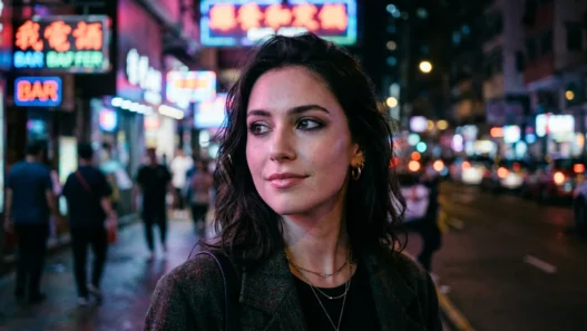 Woman with goth makeup featuring black lipstick and dramatic eyeliner in neon-lit urban setting
