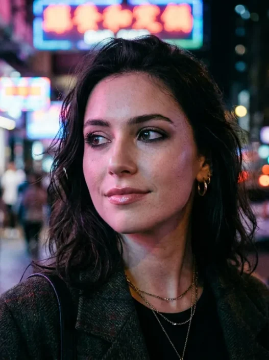 Woman with goth makeup featuring black lipstick and dramatic eyeliner in neon-lit urban setting