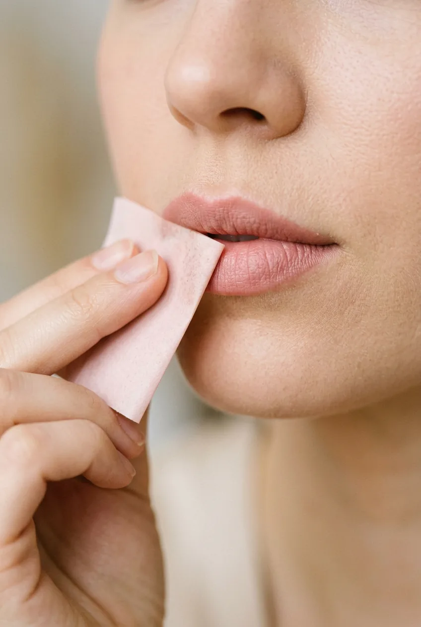 Lip area showing blotting paper technique for removing excess oil without disturbing makeup