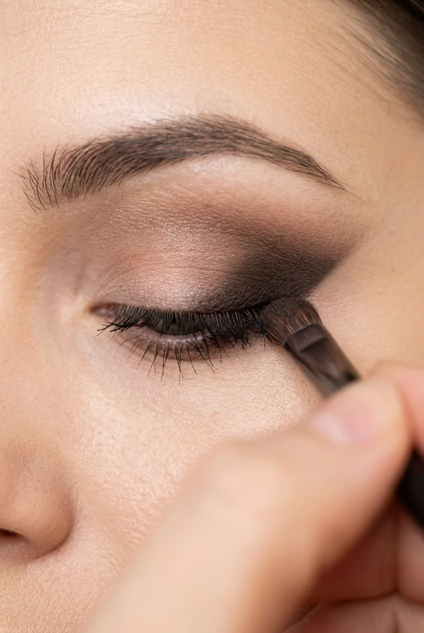 Close-up of small dense brush applying deeper shade to outer corner creating precise V-shape placement