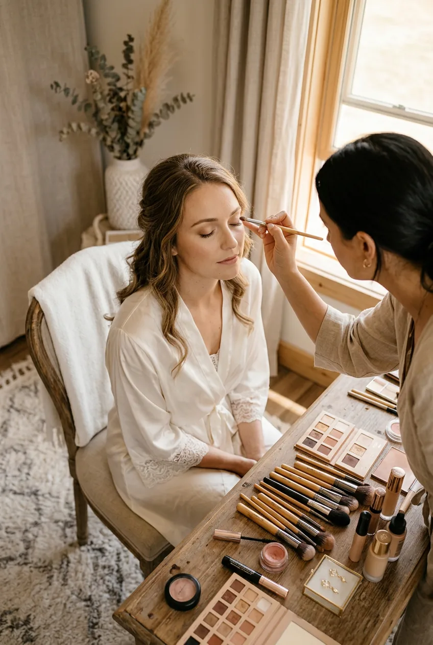 Overhead view of bride getting makeup applied at vanity with scattered brushes and products