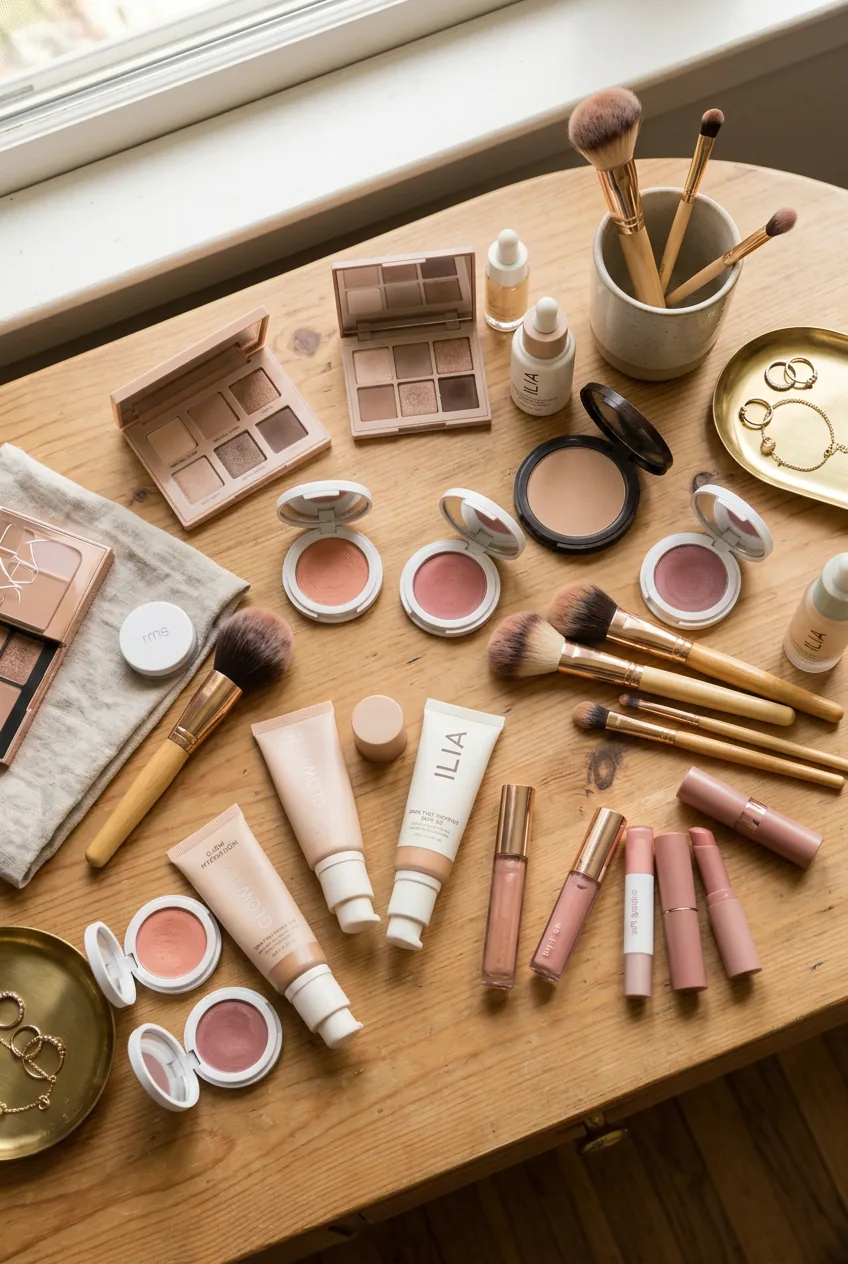 Overhead view of soft glam makeup products arranged on vanity in morning light