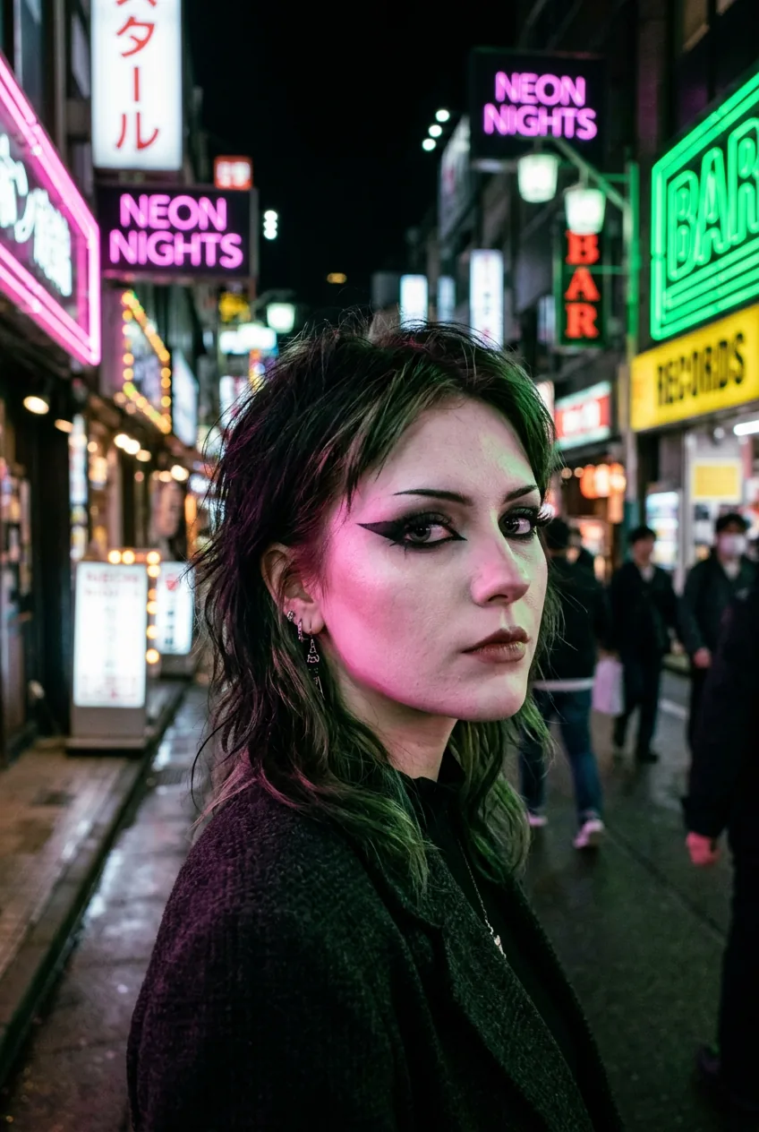 Woman wearing pale foundation and black eyeliner with vibrant green and pink neon lighting creating ethereal effect