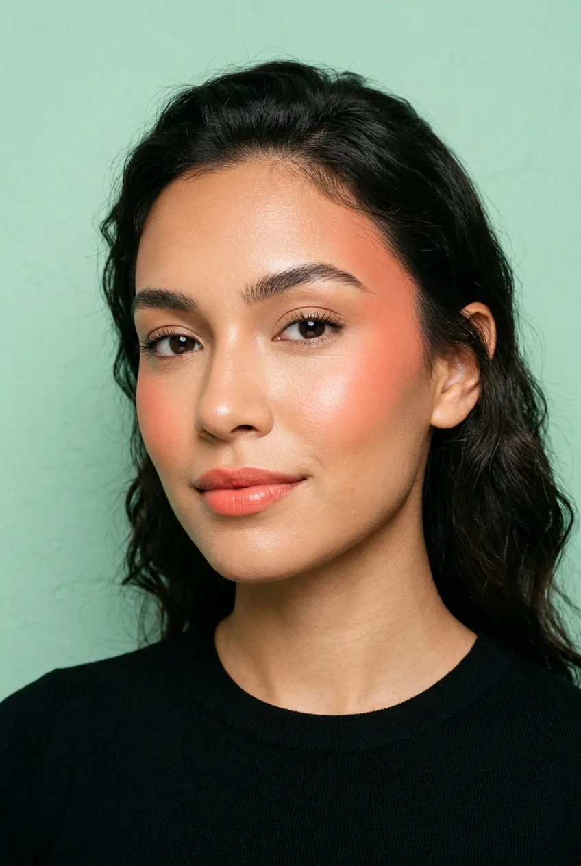 Woman with peachy coral blush applied high on cheekbones toward temples