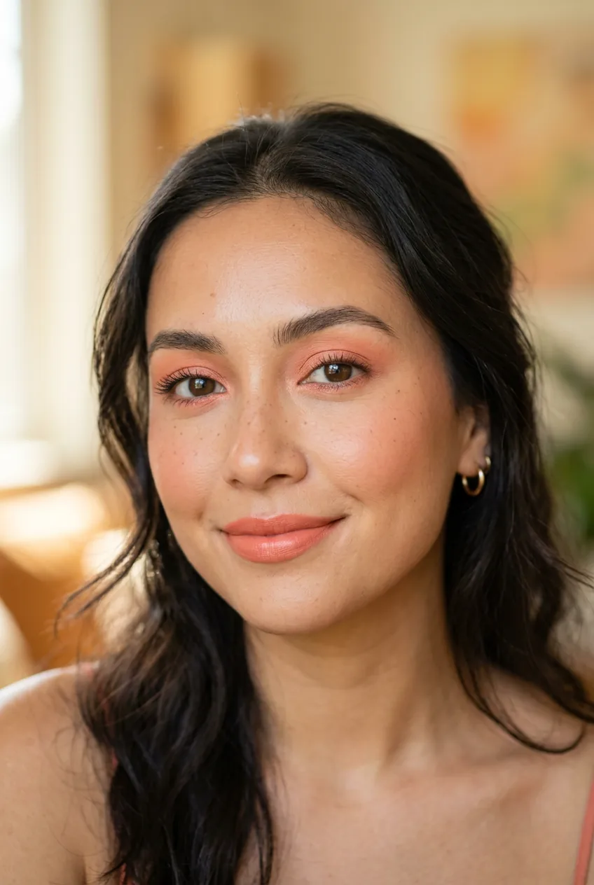 Woman with peachy monochrome makeup using matching coral tones on eyes and cheeks
