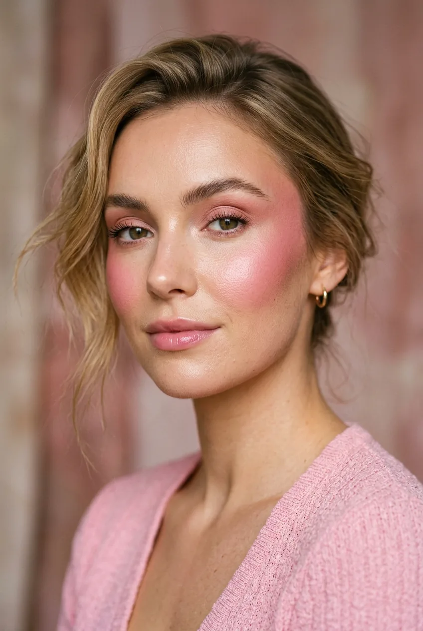 Woman with pink blush applied high on cheekbones blended upward toward temples for lifted effect