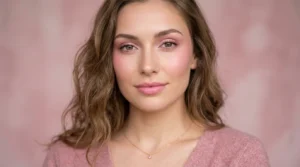 Woman wearing complete pink monochrome makeup look with matching pink styling and background in editorial portrait