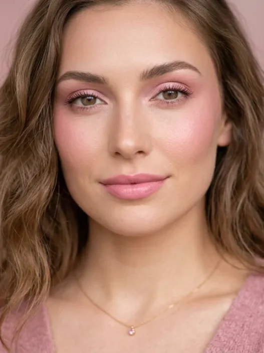 Woman wearing complete pink monochrome makeup look with matching pink styling and background in editorial portrait