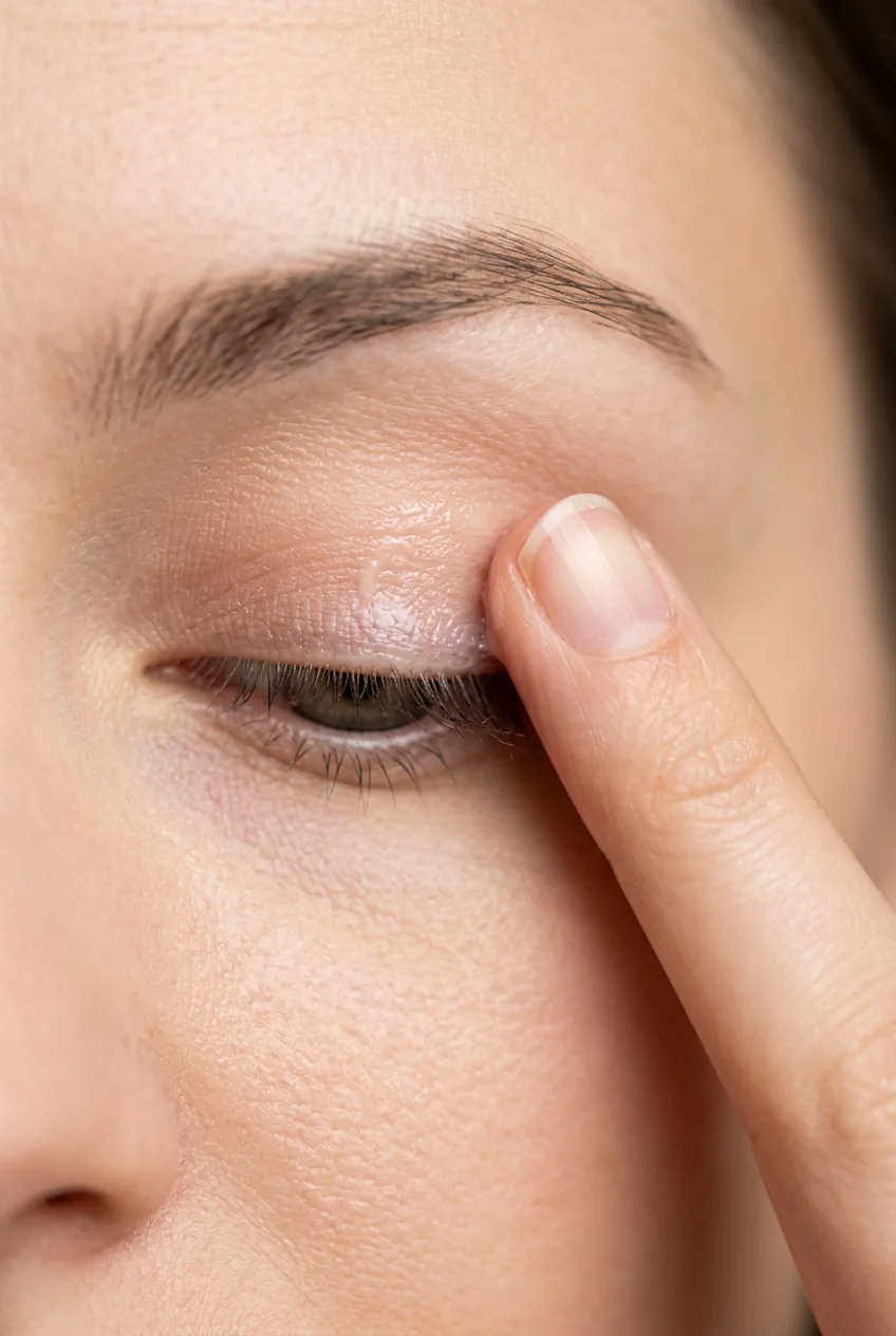 Close-up of fingertip applying eyeshadow primer to clean eyelid showing product texture and application technique