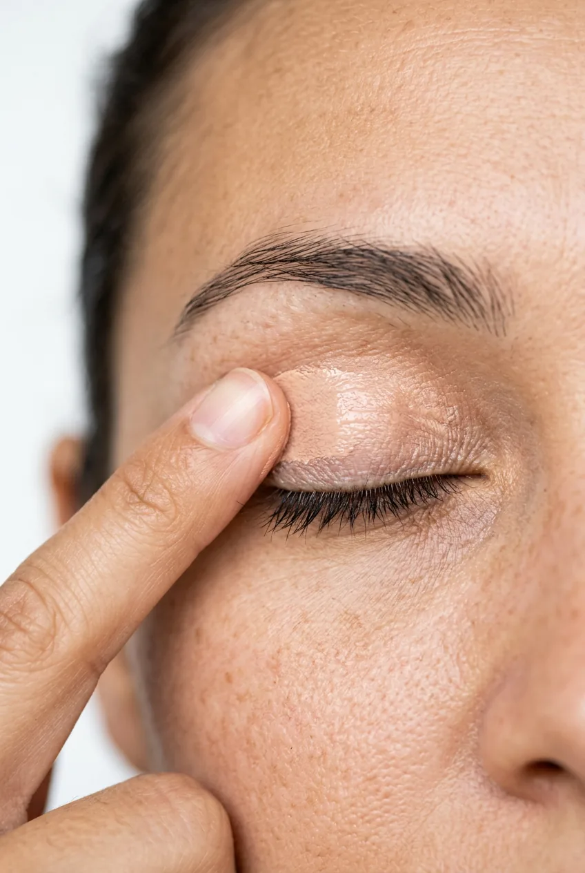 Close-up of eye area showing primer being applied with fingertip for smooth base