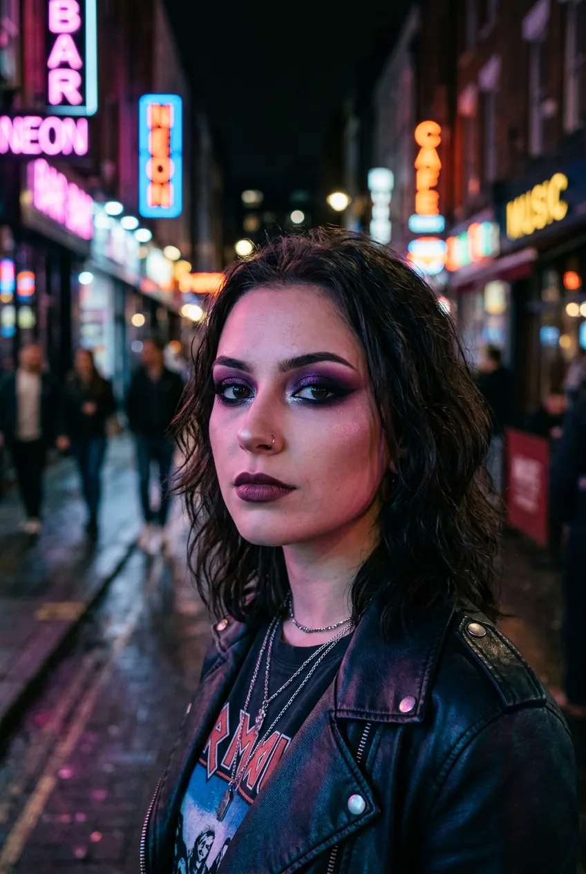 Woman displaying modern emo makeup with deep purple eyeshadow mixed with black and silver accents