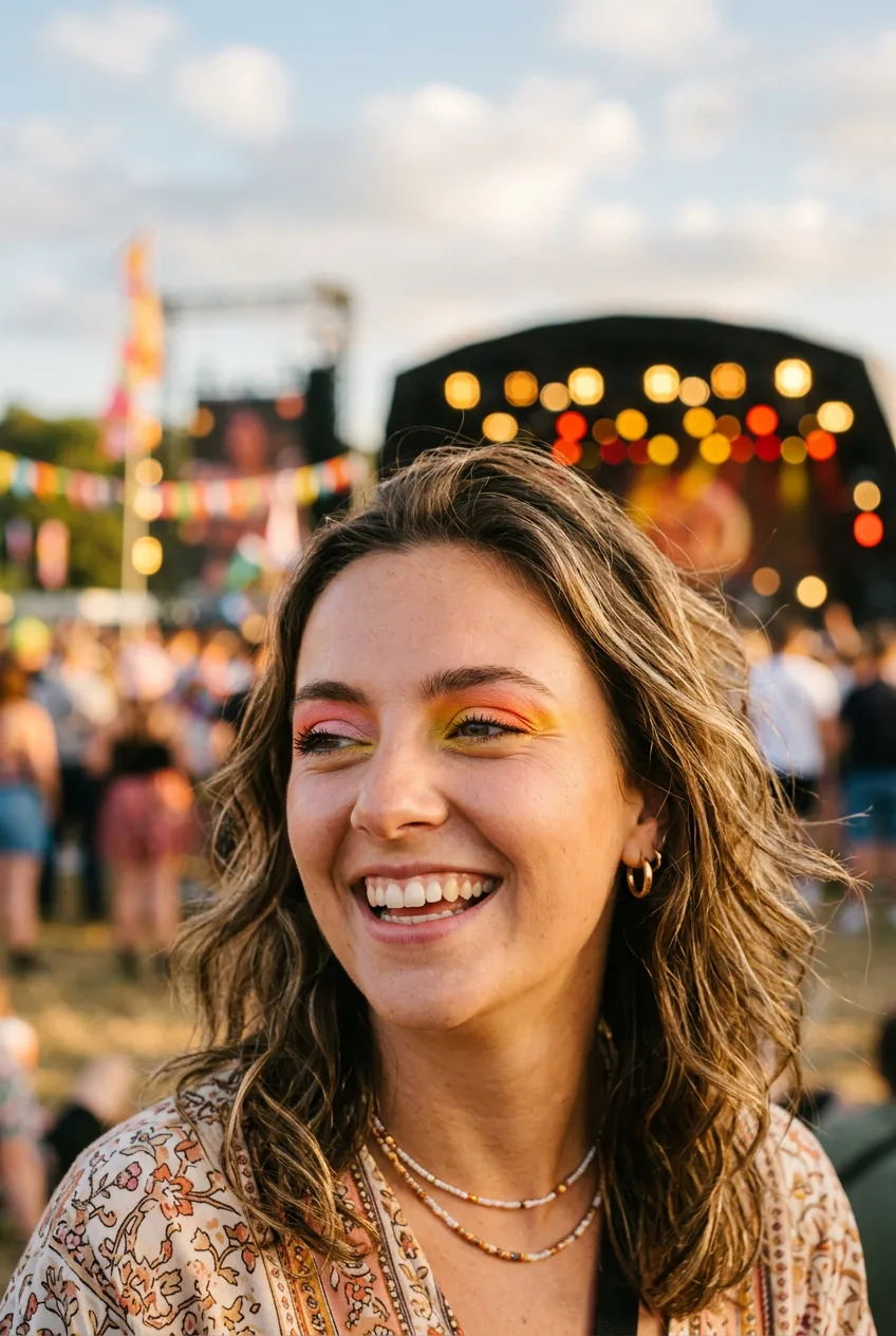 Woman wearing rainbow eyeshadow blended from pink to orange to yellow shades