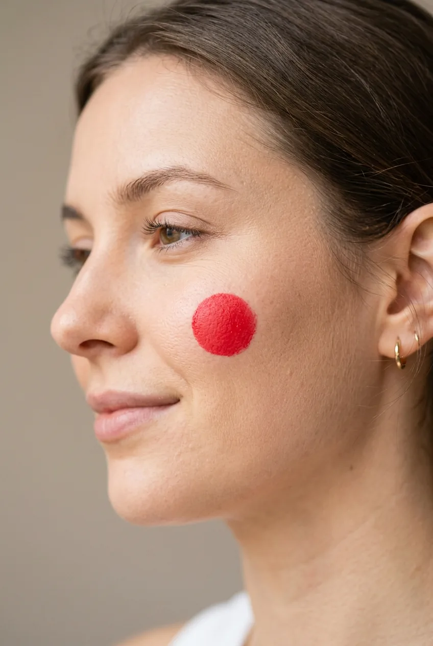 Cheek area with bright red circular blush being applied to apple of cheek