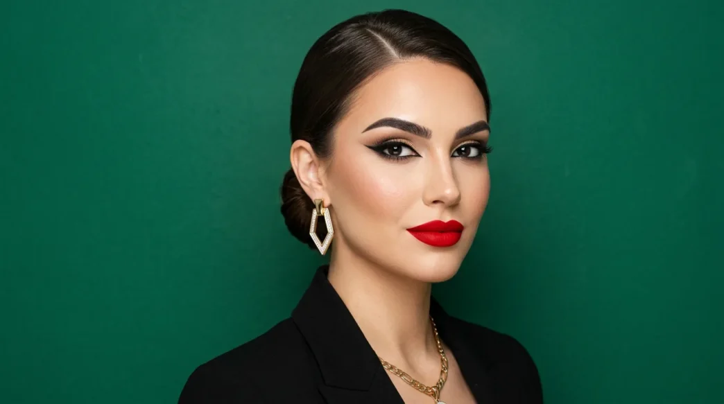 Woman with polished red carpet makeup featuring bold lips and defined features against emerald green background
