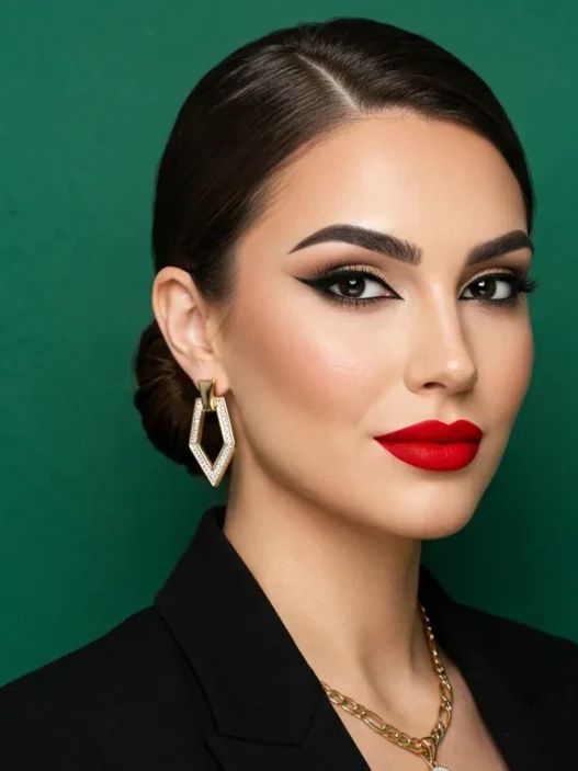 Woman with polished red carpet makeup featuring bold lips and defined features against emerald green background