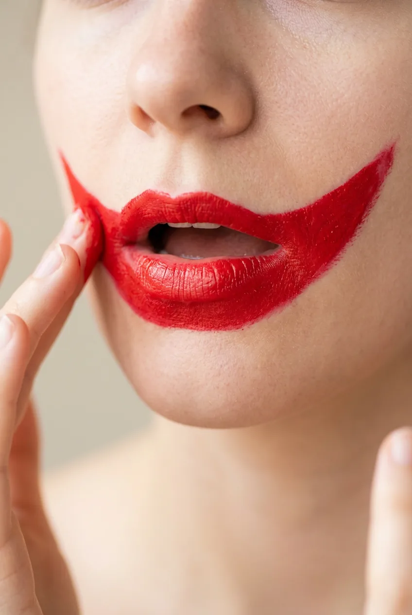 Mouth area showing red face paint creating enlarged smile extending past natural lips