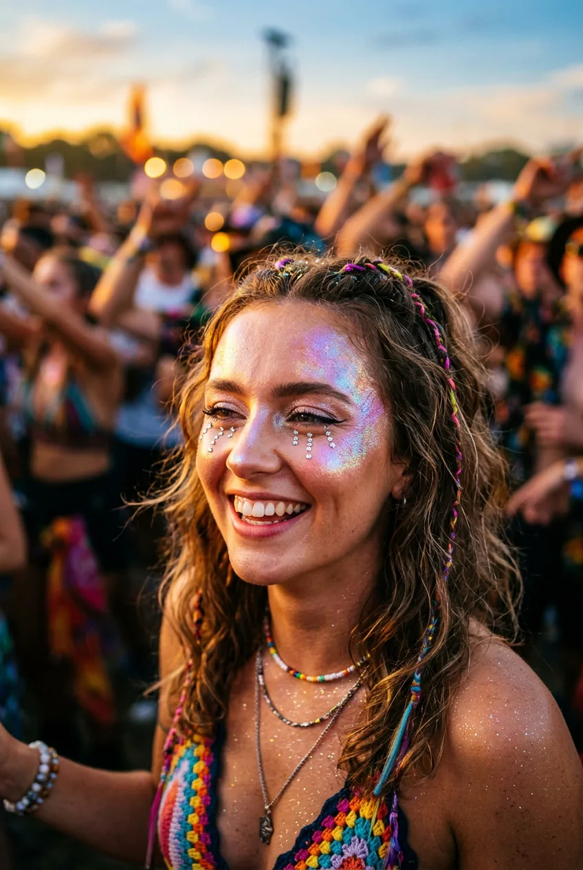 Portrait of woman with rhinestone tear details and holographic highlighter at festival