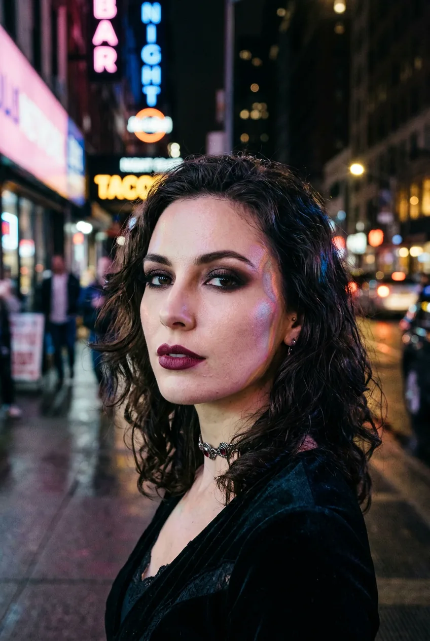 Woman with romantic vampire makeup showing deep berry lips and sultry smoky eye shadow