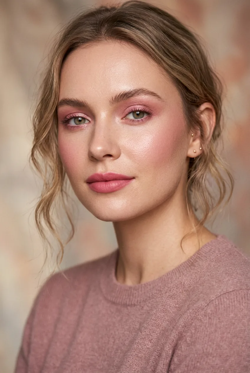 Woman with rosy pink monochrome makeup on eyes cheeks and lips