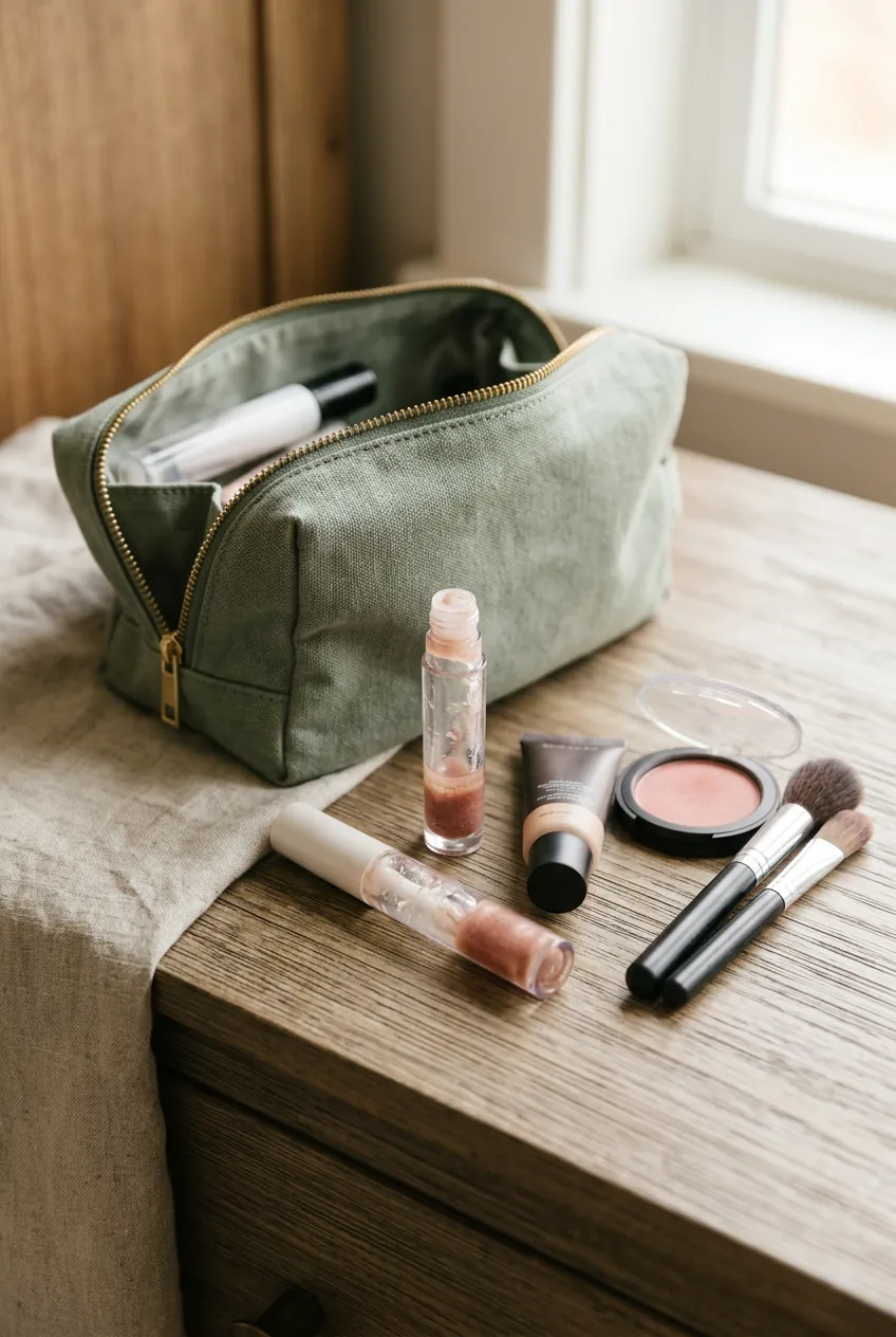 Open travel makeup bag showing separated chunky gloss tube next to working products