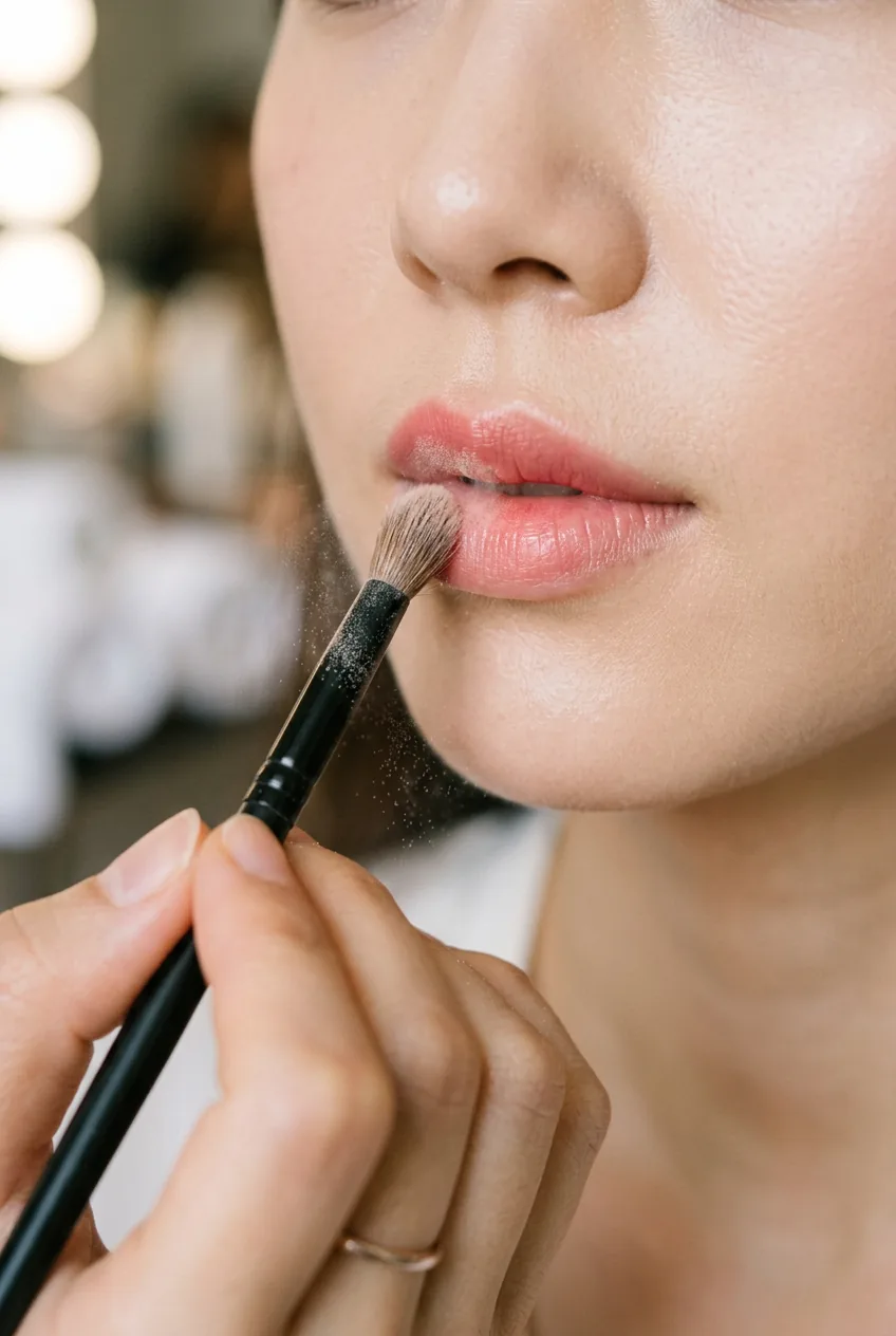 Small makeup brush dusting translucent setting powder lightly over finished lip gradient