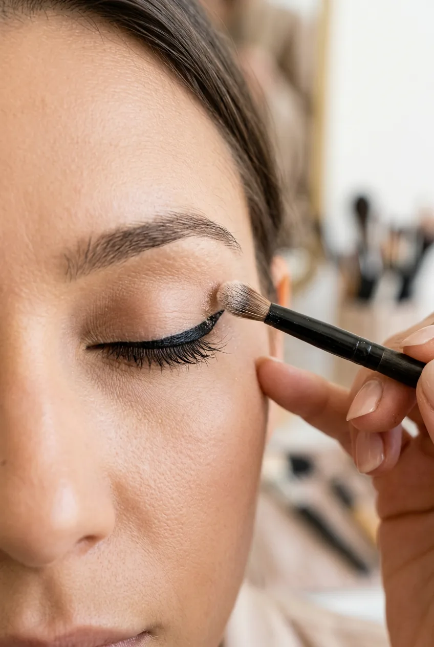 Small eyeshadow brush lightly dusting setting powder over finished eyeliner to prevent smudging