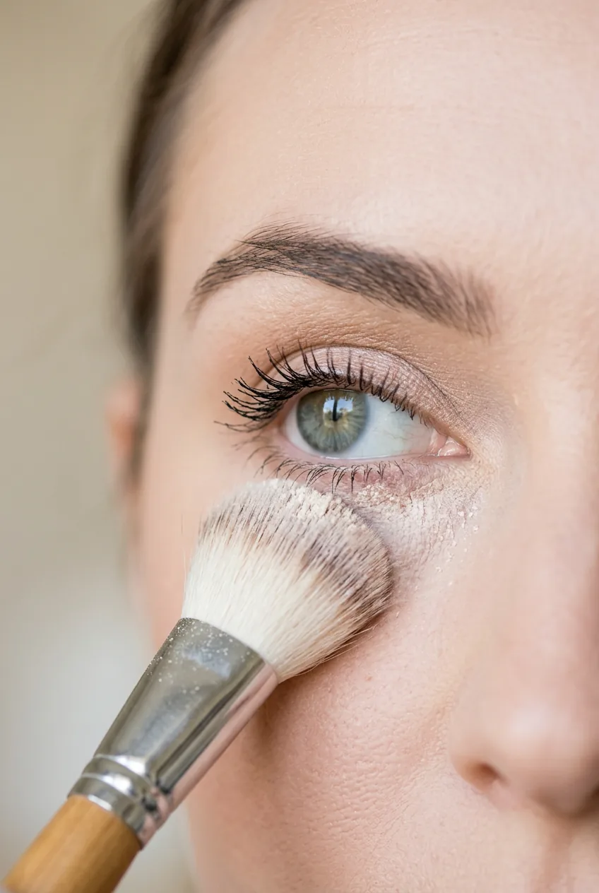 Close-up of eye showing translucent powder being pressed into makeup with fluffy brush for setting