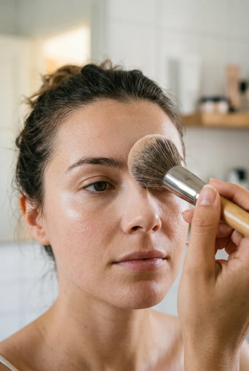 Fluffy brush pressing translucent setting powder into T-zone area creating matte finish