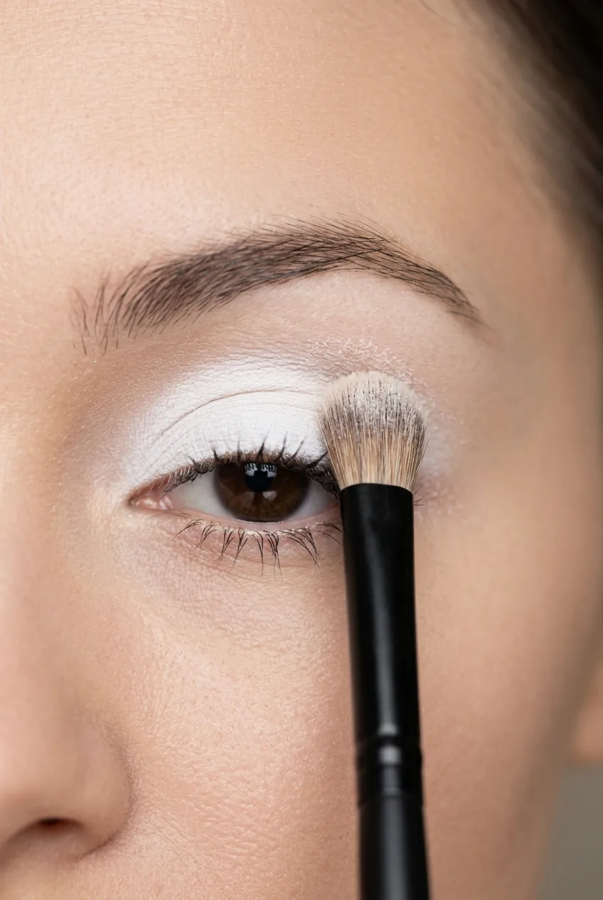 Completed white makeup base on eye area being set with translucent powder using brush