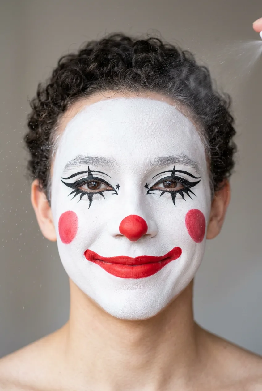 Completed clown makeup with white base, black eye details, and red accents being set with spray