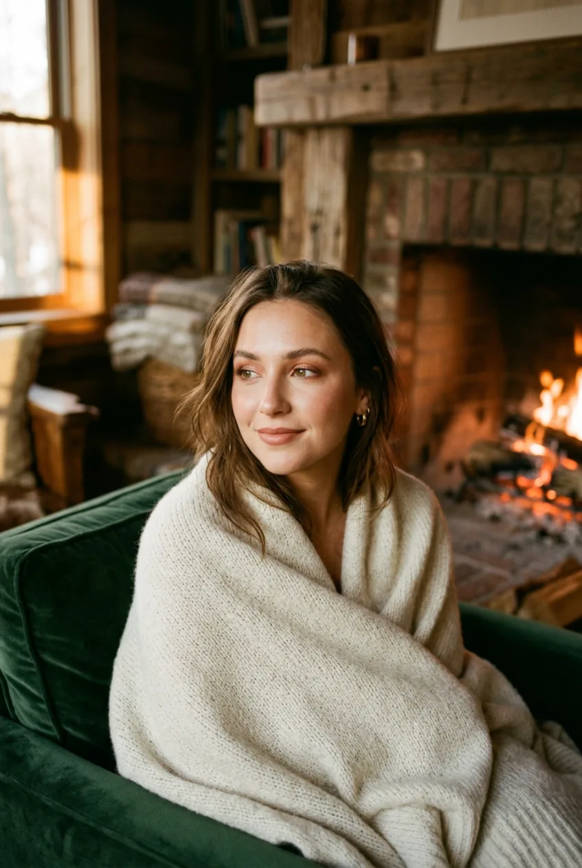 Woman with subtle copper eyeshadow creating natural winter glow in fireplace lighting