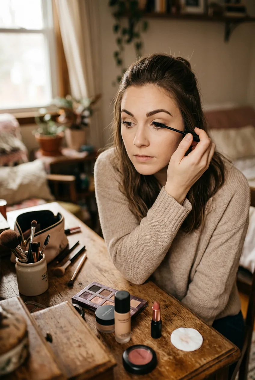 Woman carefully applying single coat of mascara at vintage wooden vanity