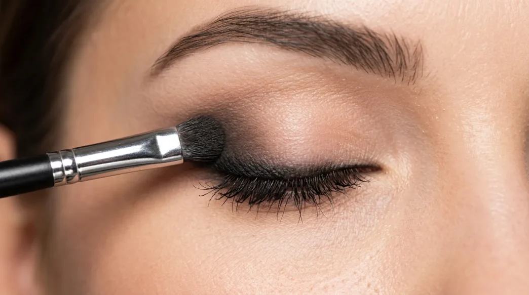 Close-up of smudger brush blending kohl pencil along lash line creating soft smokey gradient