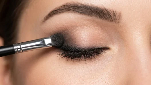 Close-up of smudger brush blending kohl pencil along lash line creating soft smokey gradient