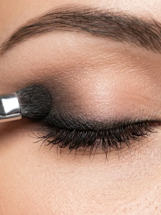 Close-up of smudger brush blending kohl pencil along lash line creating soft smokey gradient