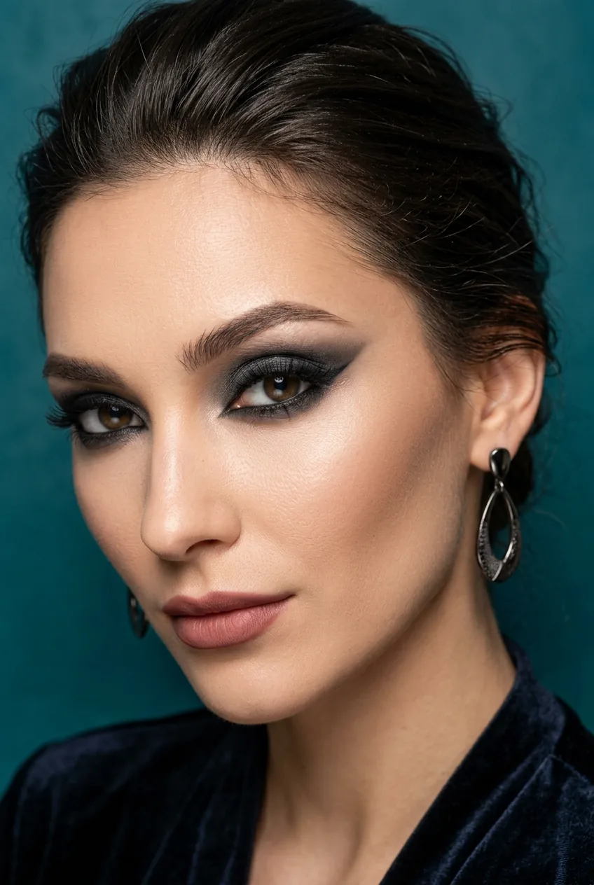 Woman wearing sultry smoky cat eye makeup in charcoal tones with elongated wing
