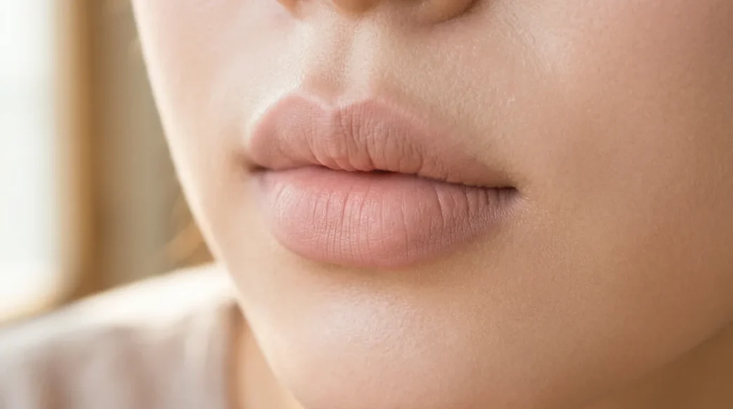 Close-up of lips with smooth matte primer applied showing even texture and preparation