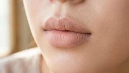 Close-up of lips with smooth matte primer applied showing even texture and preparation